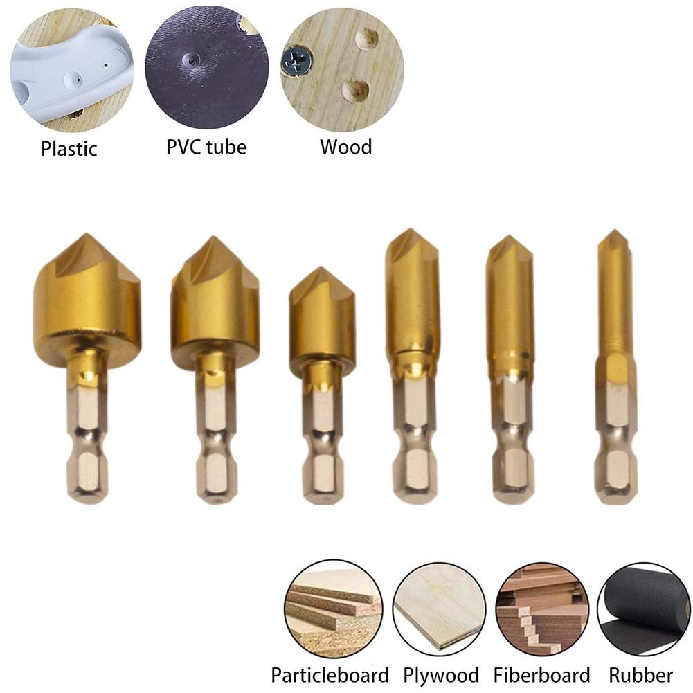6PCS 5 Flute Chamfering Tool 6-19mm 90 Degree Countersink Drill Bit Set Drilling For Wood Metal  Woodworking Tool Hole Opener
