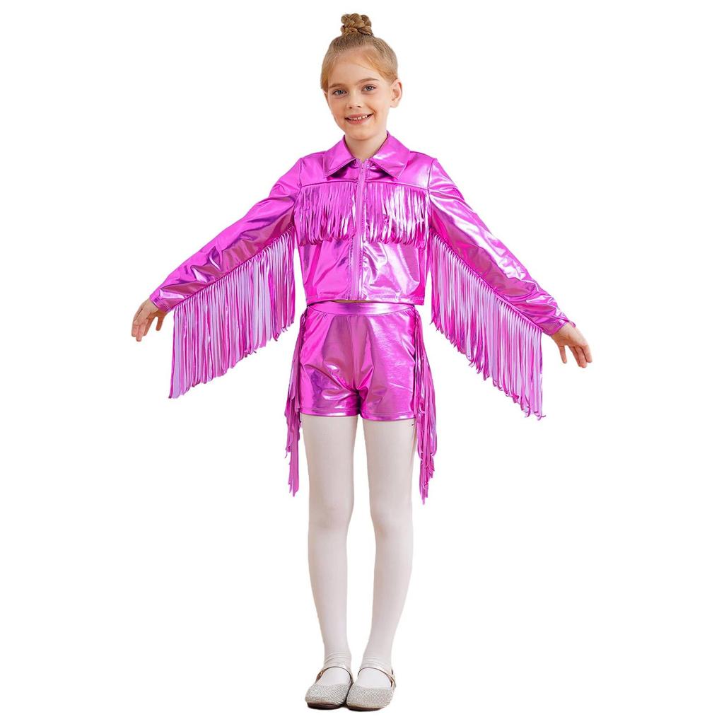 Mädchen Tanzjacke Quasten Fransen Metallic Top Umlegekragen Langarm Reißverschluss Glänzende Jacke Shorts