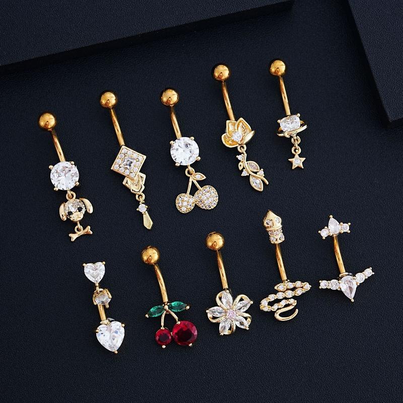 Cherry Flowers Belly Button Ring Crystal Belly Navel Piercing Nombril Long Dangle Belly Jewelry