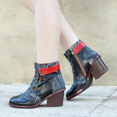 Bottes courtes à talons épais et confortables rétro faites à la main en cuir véritable avec tissu imprimé pour femmes
