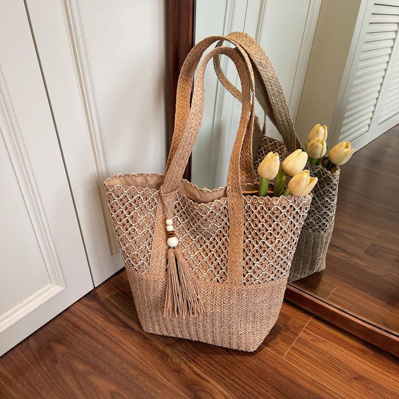 

летняя новая плетеная сумка женская сумка однотонная простая большая вместимость повседневная темно-коричневого