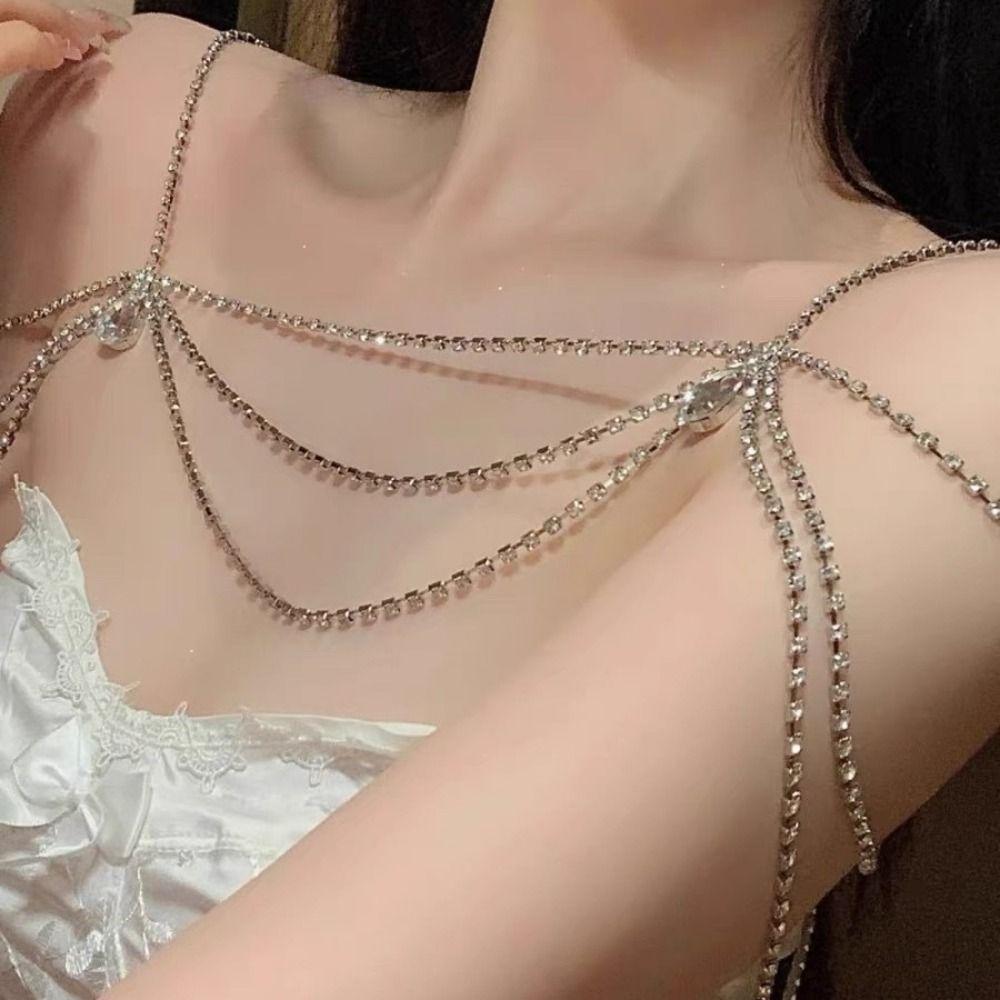 Luxury Bling Body Chain Water Drop Rhinestone Collarbone Chain Gift Women's Shoulder Chain  Bridal