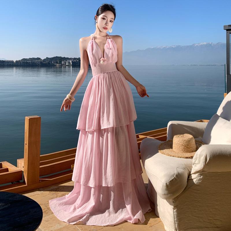 Sexy Collar Pink Suspender Dress Women's Summer Travel Seaside Vacation Beach Neck Skirt