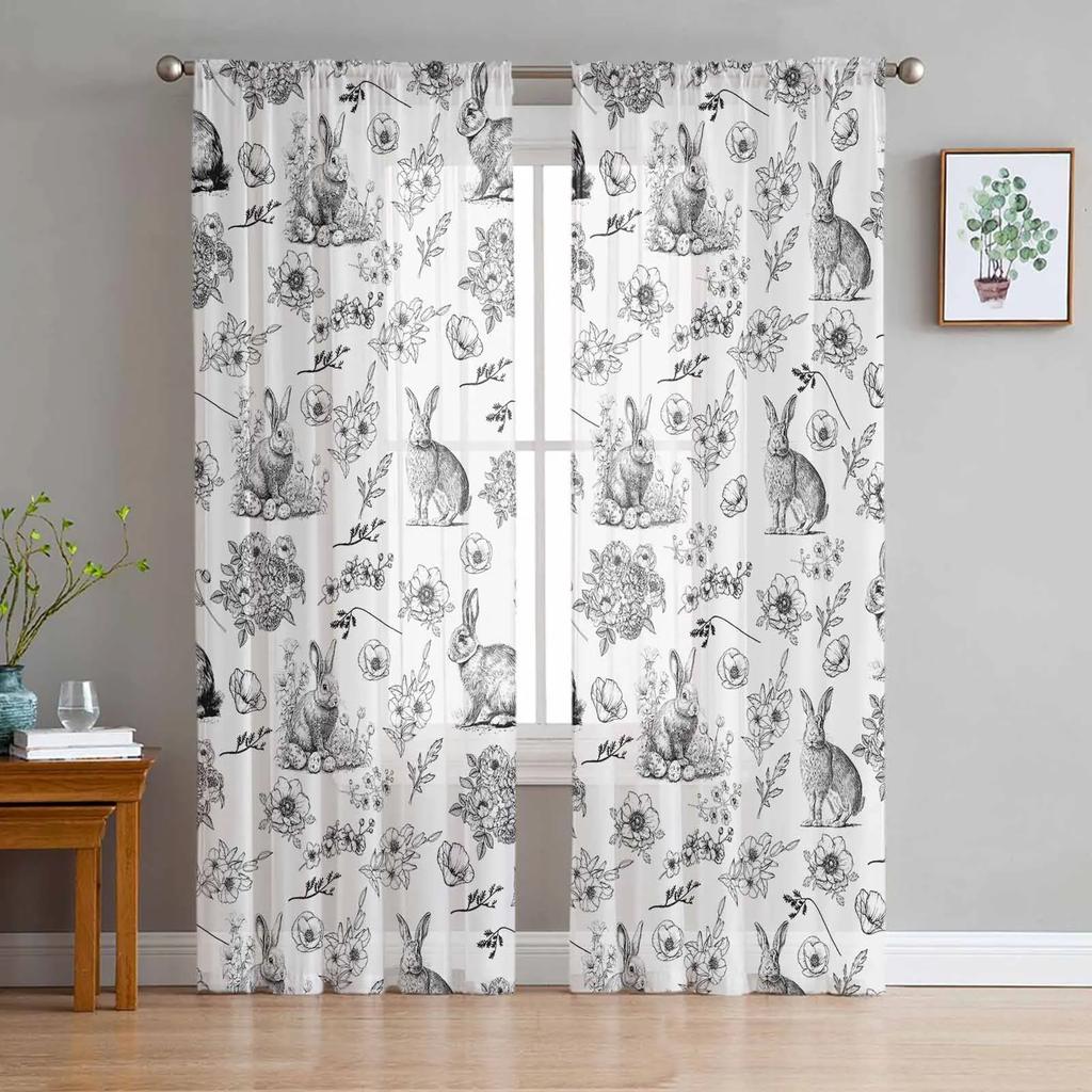 Black And White Flowers Sheer Curtains for Bedroom Living Room Decoration Window Curtain for Kitchen Tulle Voile Organza Drapes
