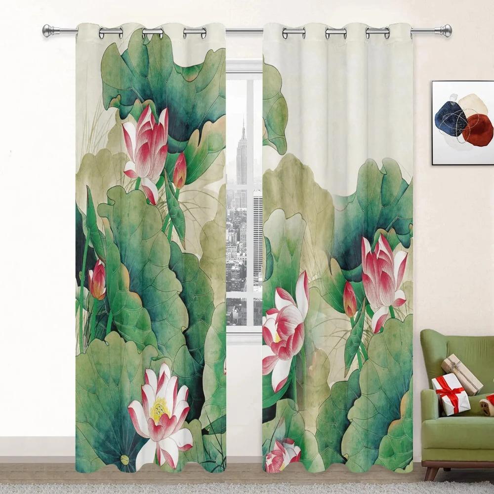 Lotus Curtains for Living Room Landscpe Thick Window Curtain for The Bedroom Aesthetic Room Decor Scenery High Shading Curtain