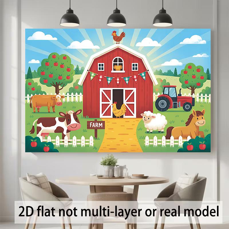 2D Cute Cartoon Farm Backdrop with Red Barn, Animals & Tractor