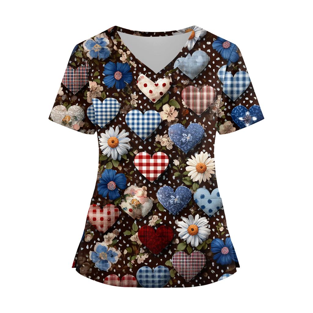 Damenmode V-Ausschnitt Kurzarm Overalls mit Taschen Print Tops Kleidung