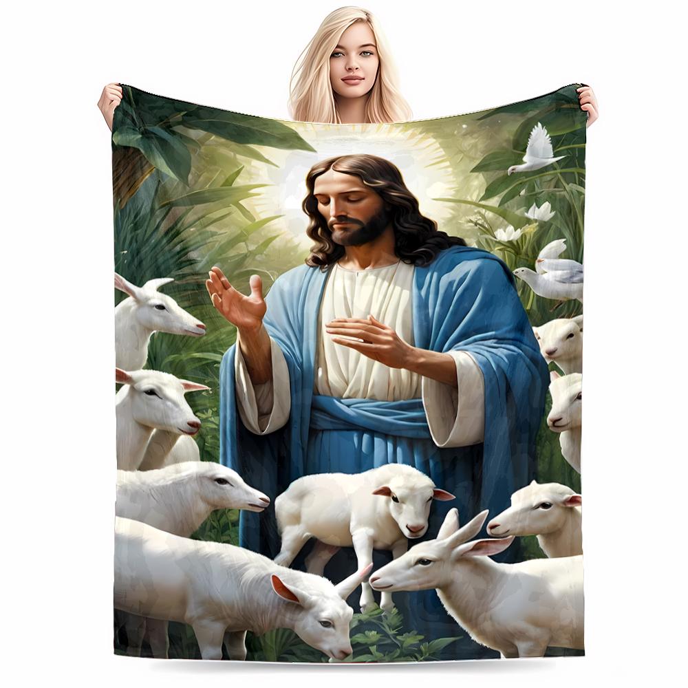 Peaceful Shepherd with LambsFlannel blanket for bedroom, living room, sofa, and nap