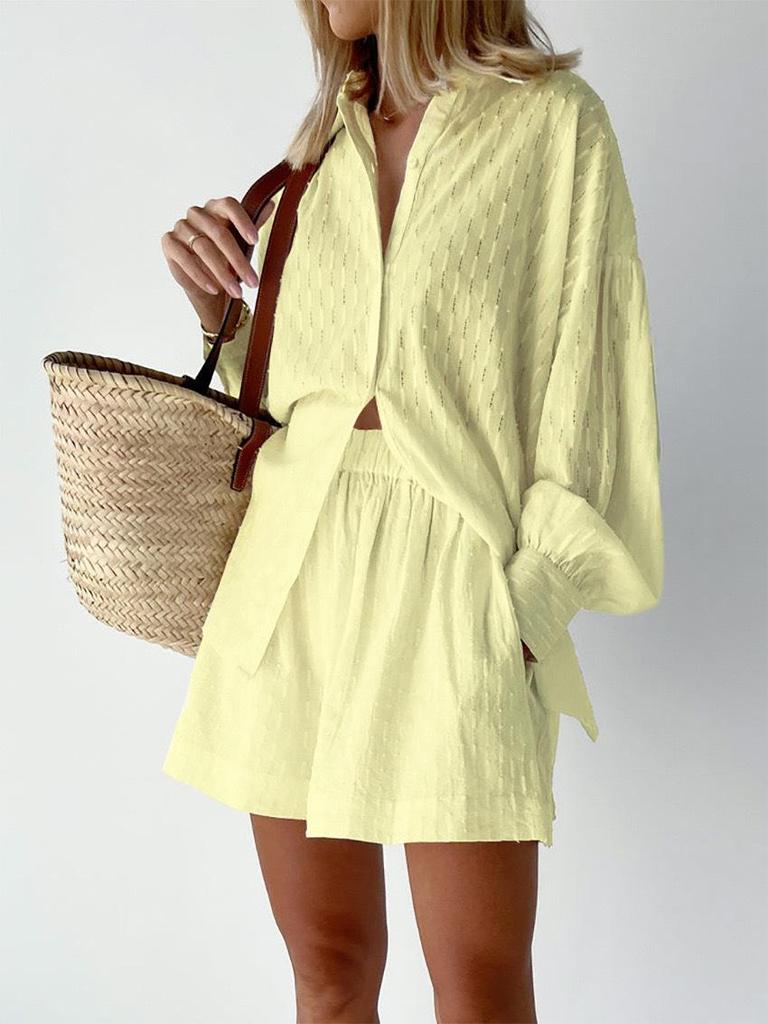 2024 Autumn Women's Jacquard Puff Sleeve Blouse and Shorts Set - European & American Casual Chic