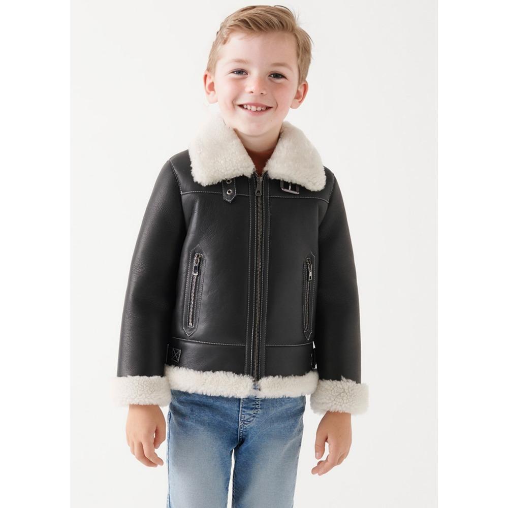 Kids Boys and Girls Autumn and Winter Fleece PU Leather Turn-down Collar Solid Color Zip Jacket