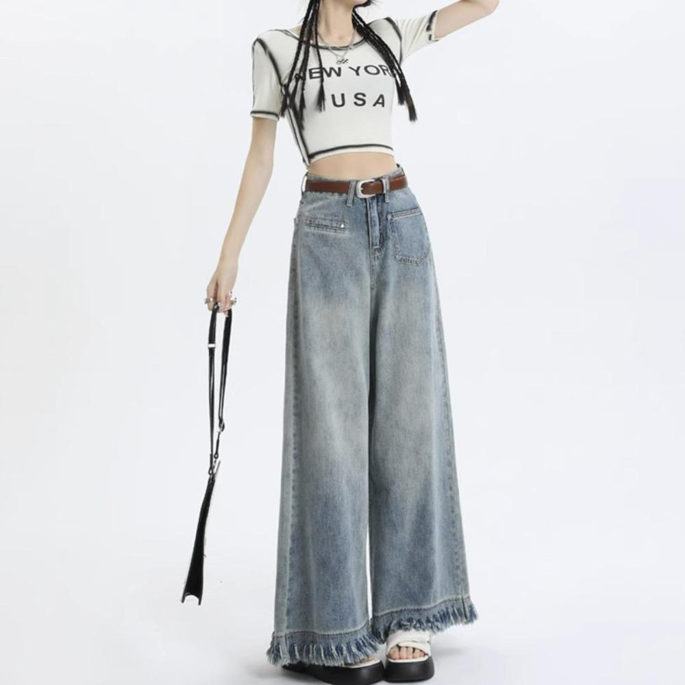 Personalized Niche Spring and Autumn New High-waisted Wide-leg Jeans Women's Loose Straight-leg Slim and High Floor Pants