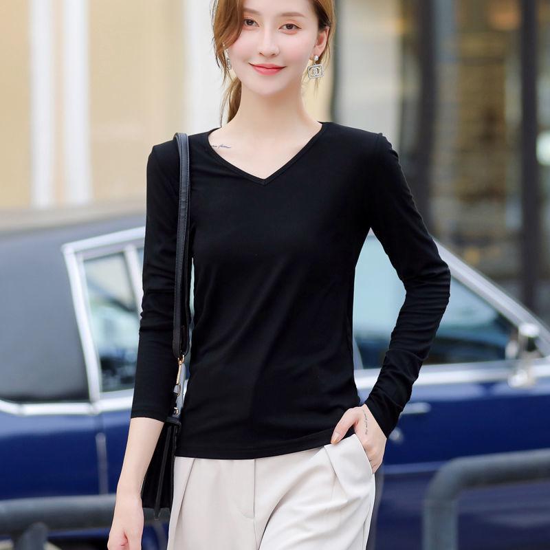 Spring Autumn Women Solid Basic Bottoming T-shirt Female Clothing Fashion Casual Modal Knitted V-Neck Versatile Long Sleeve Top