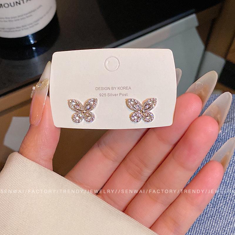Korean exquisite micro-inlaid zircon butterfly stud earrings women s fashion temperament high-end earrings ear jewelry wholesale
