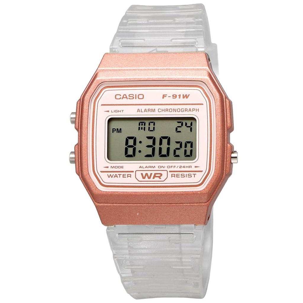 Casio Digital Quartz Watch F-91WS-7A3 Unisex Rose Gold Clear Compact 38mm Daily Life Waterproof