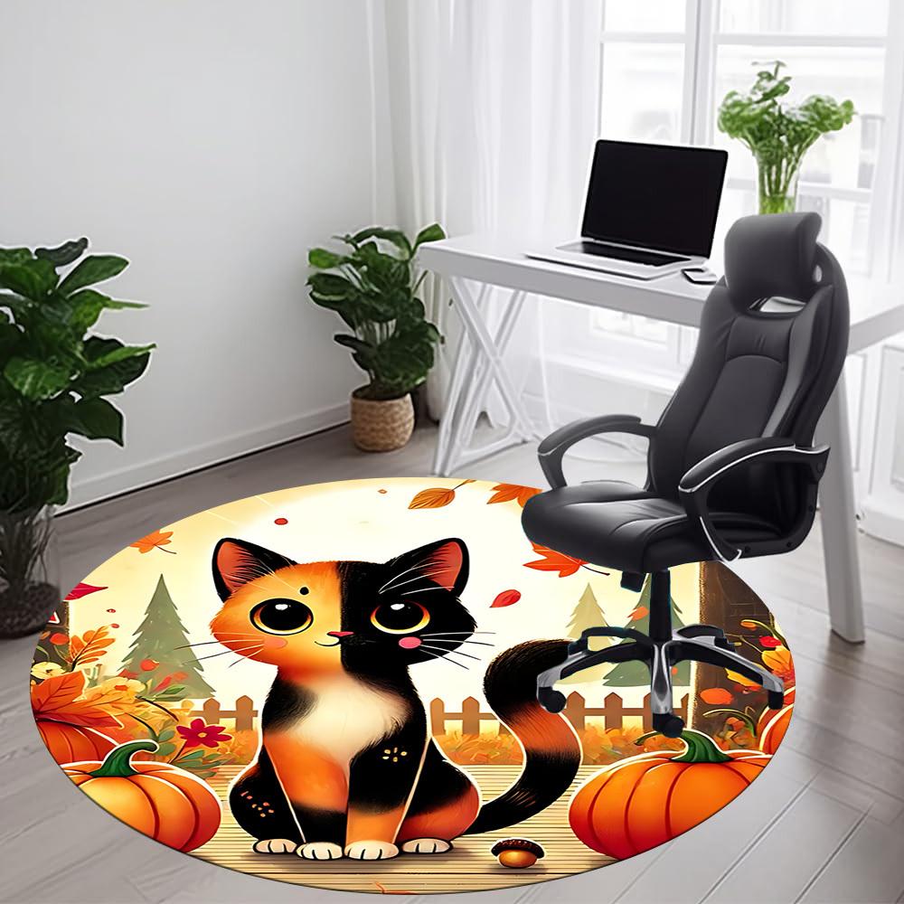 1pc Autumn Cat Office Round Area Rug,  Mat Suitable ForOffice, Under Office Chairs Bedroom Living Room Home Decor, Room Deco