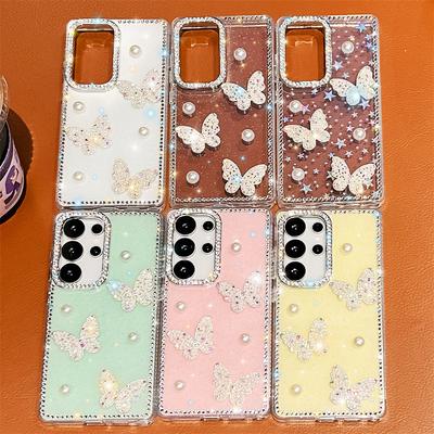Funda para Teléfono Móvil Samsung A17 Mariposa Perla Borde Diamante A26 Adecuada para A35 Brillo Estrella A07 Tridimensional A55 Mujer