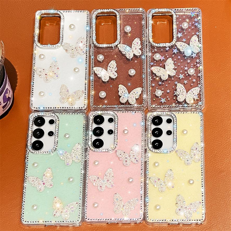 Pearl Butterfly Samsung A17 Mobile Phone Case Diamond Edge A26 Suitable for A35 Star Glitter A07 Three Dimensional A55 Women