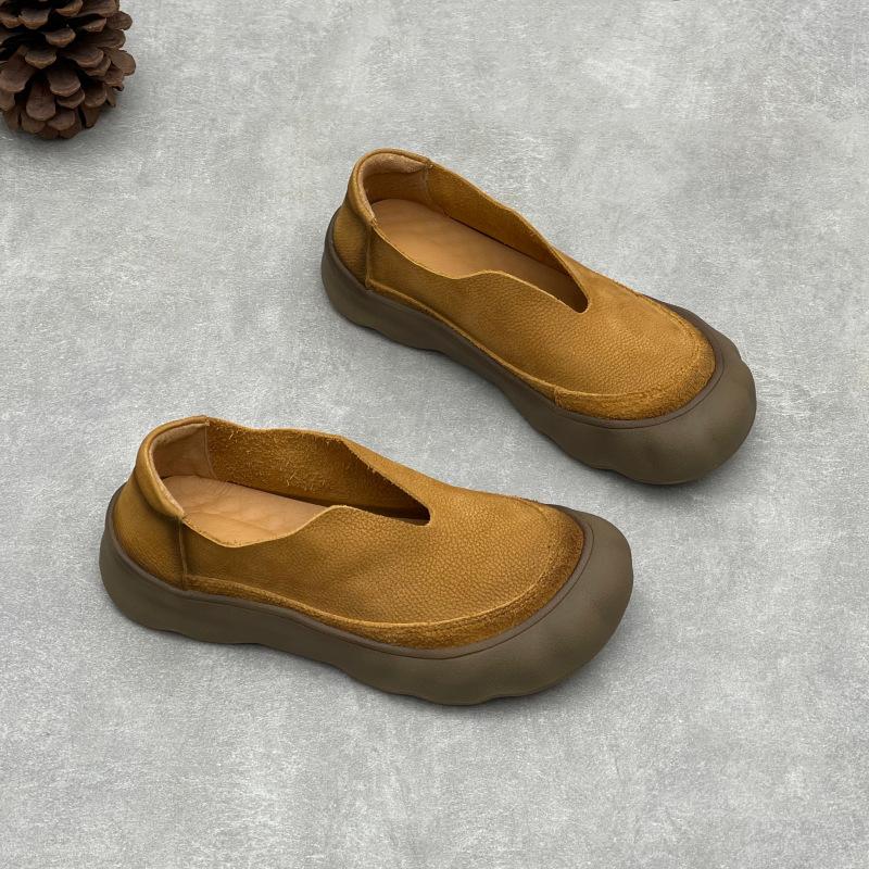 Johnature Vintage Handmade Genuine Leather Loafers Round Toe Thick Soled Cowhide Women's Slip-on Shoes
