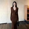 Women's 2026 Hepburn Style Brown V-neck Slim-Fit Knit Bodycon Dress