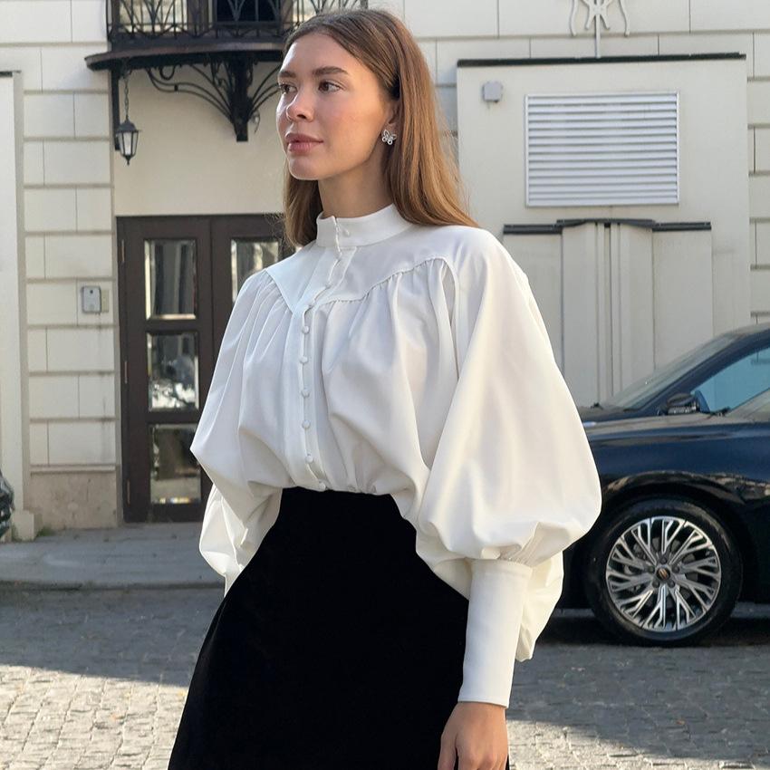 1116 Spring design sense temperament elegant small stand-up collar lantern sleeve pleated commuter style women's shirt wholesale