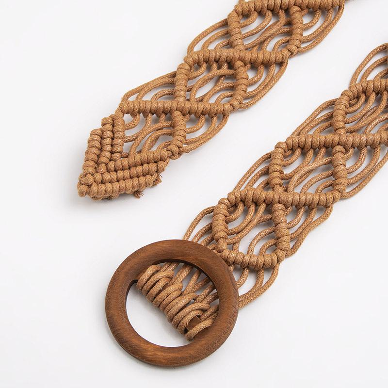 Bohemian Belt, Ethnic Style Woven Handcrafted Women's Belt, Casual Vacation Style, Exquisite Round Wood Buckle Women's Waist Rope