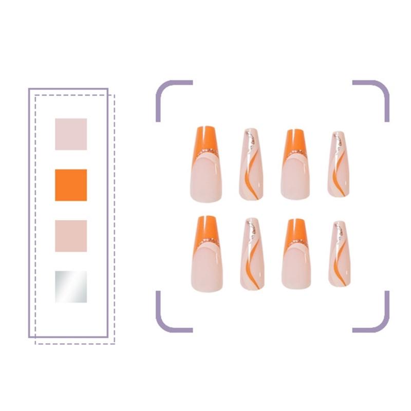 24 Pcs Autumn Winter False Nail Striped Artificial Nail French Tip Stick On Nail Glittering Press On Nail for Woman