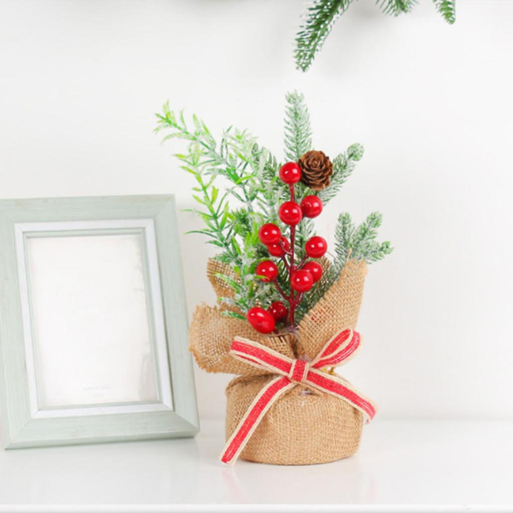 Mini Xmas Tree Table Decorations Office Holiday Decor Small Artificial Trees with Red Berries Pine Cone Greenery
