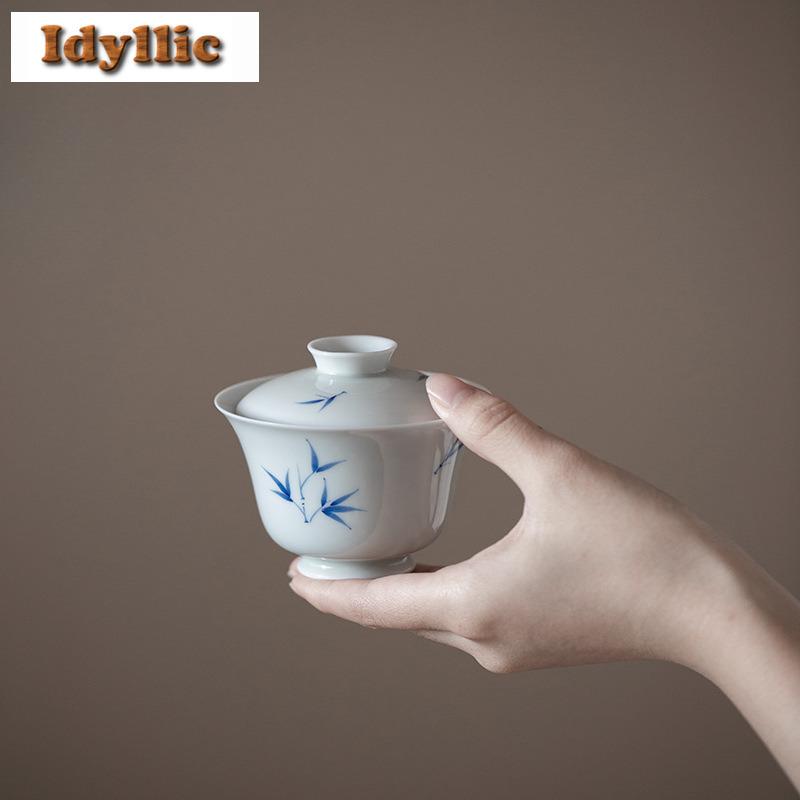 Antique Blue Hand-painted Bamboo Gaiwan Elegant Tea Tureen Tea Bowl With Lid Kit Tea Making Cover Bowl Tea Items Cup For Tea