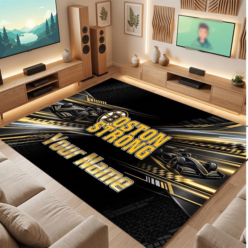 Boston Bruins Personalized Crystal Velvet Carpet, Customized Name Text Soft Anti‑Slip Rug for Living Room Bedroom