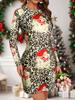 Women's Long - Sleeve Bodycon Christmas Dress, Leopard Print with Santa Patterns, Ideal for Holiday Parties & Casual Wear