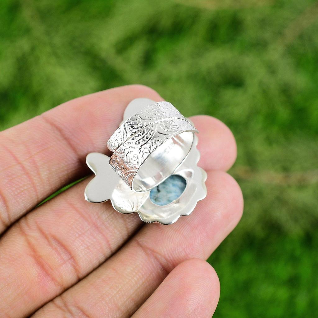 Birthday Gift For Her Natural Larimar Multi Stone Adjustable Ring 925 Silver