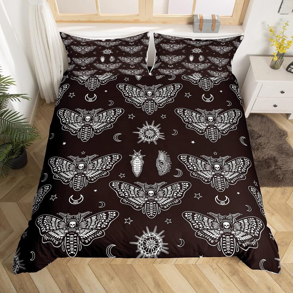 Black Death Moth Duvet Cover Set Gothic Skull Bedding Set Butterfly Bedclothes Moon Stars Polyester Quilt Cover for Kids Teens