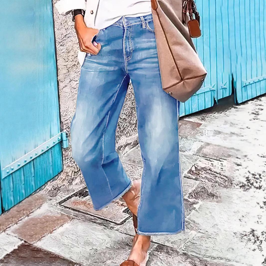 European Style Women s Mid-Rise Frayed Wide-Leg Denim Pants XXL