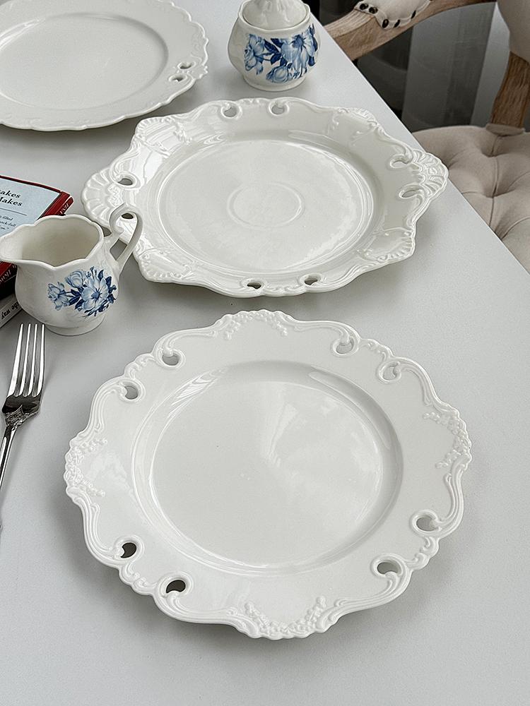 French Hollow Out Relief Dish 10 Inch Ceramic Exquisite Flower Shape Kitchen Tableware White Retro High Aesthetic Creative Plate