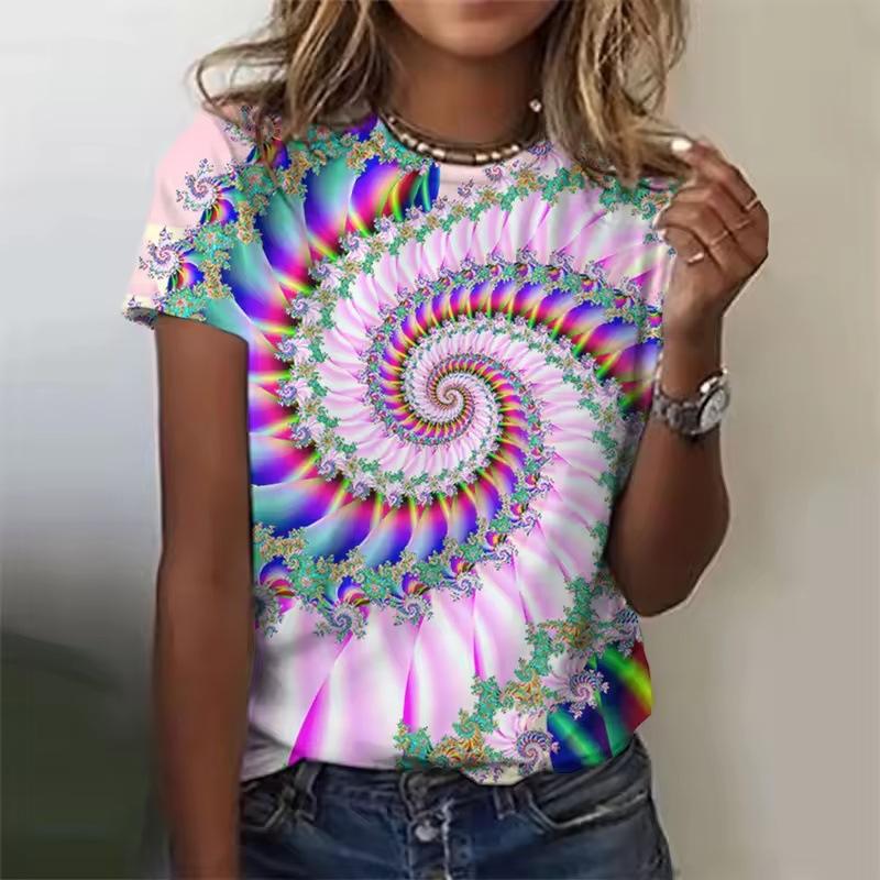 3D Printed Color Rotating Pattern T-shirts Summer Retro Loose Round Neck Short Sleeved Women's T-shirts
