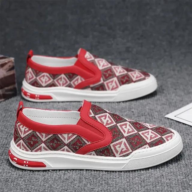 

Весенние мужские парусиновые повседневные туфли с модным принтом на плоской подошве, молодежные уличные классные мокасины без застежек 44 красный