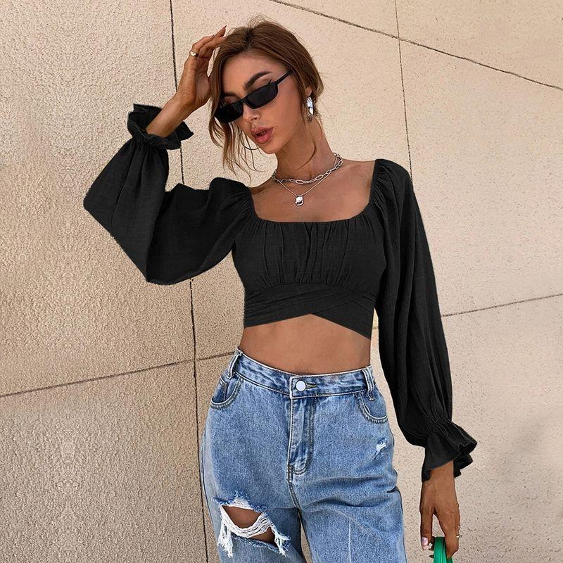 Lace Up Square Neck Super Short Long Sleeve Ladies Shirt Top
