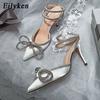 Spring Style Glitter Rhinestones Silk Transparent Pumps Women Crystal Bowknot Satin Lady High Heels Party Prom Shoes
