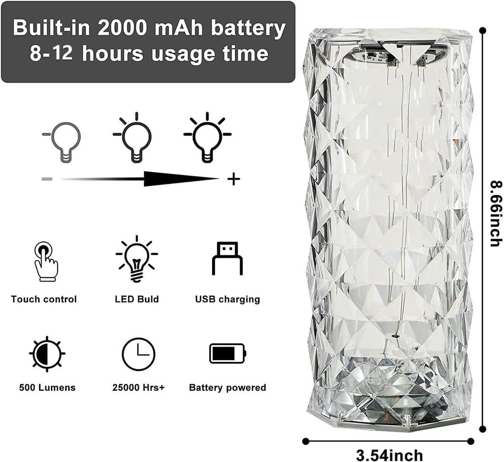 Modern and Elegant Crystal Light for Table and Bedroom, with Touch Control and Adjustable Rose Light, Diamond Projection Included