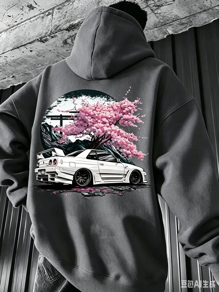 Unisex JDM Car Cherry Blossom Print Back Hoodie Oversized Loose Pullover Hooded Sweatshirt Streetwear Long Sleeve Tops