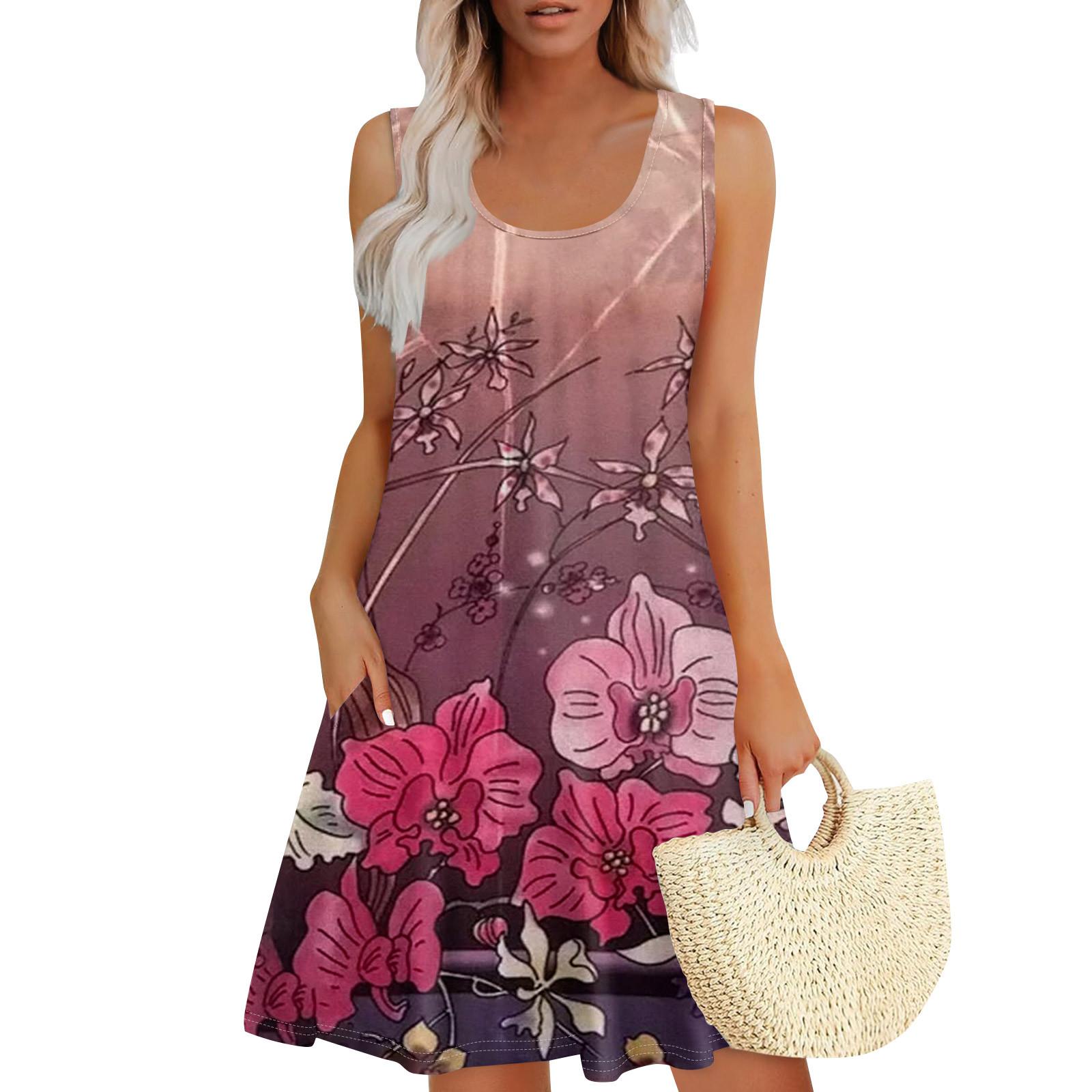 

Женские летние платья, свободные сарафаны без рукавов с U-образным вырезом и карманами XXXL горячий розовый