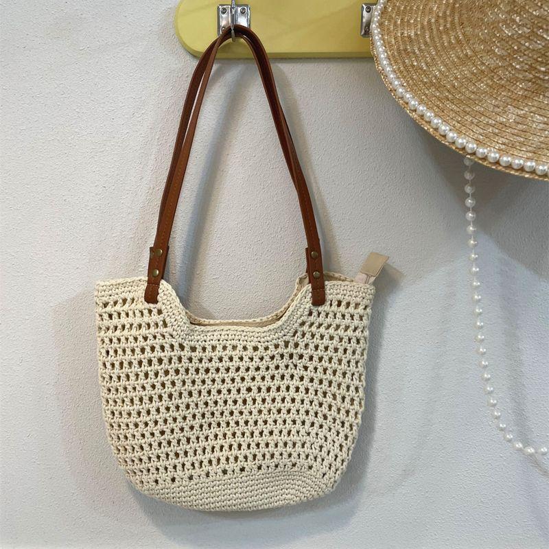 

Large Capacity Beach Vacation Idle Style Cut Out Straw Woven Bag Women s Shoulder Commuter s All-Matching Cotton Braided Tote Bag Beige small size Bag