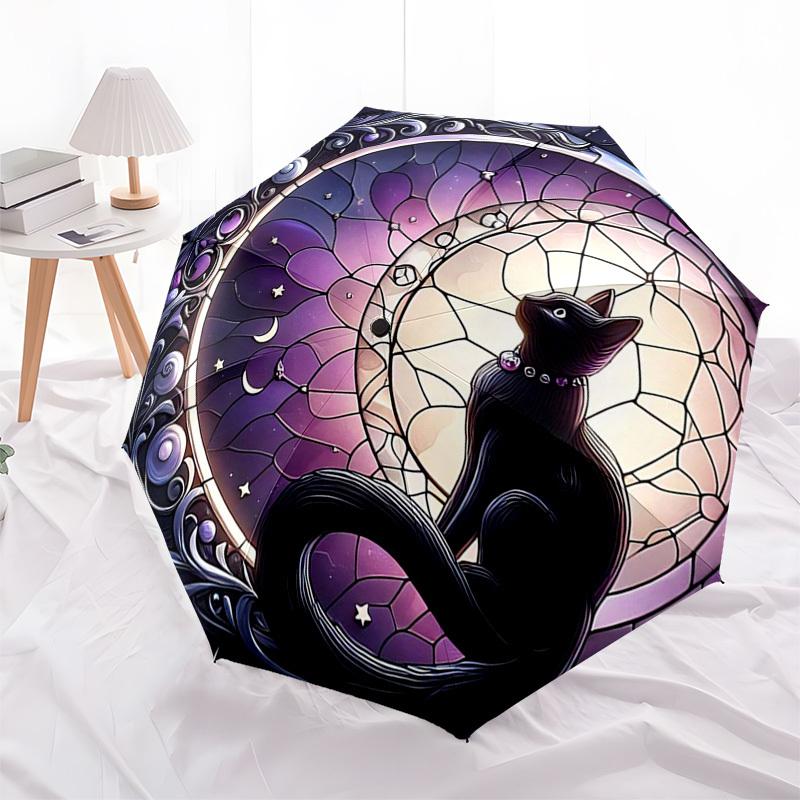 1pc Stained Glass Cat Moon Dreamcatcher Auto Open Close Umbrella, Portable Folding Design with 8-Bone Iron Frame, Outdoor for Fans, Travelers, Daily U