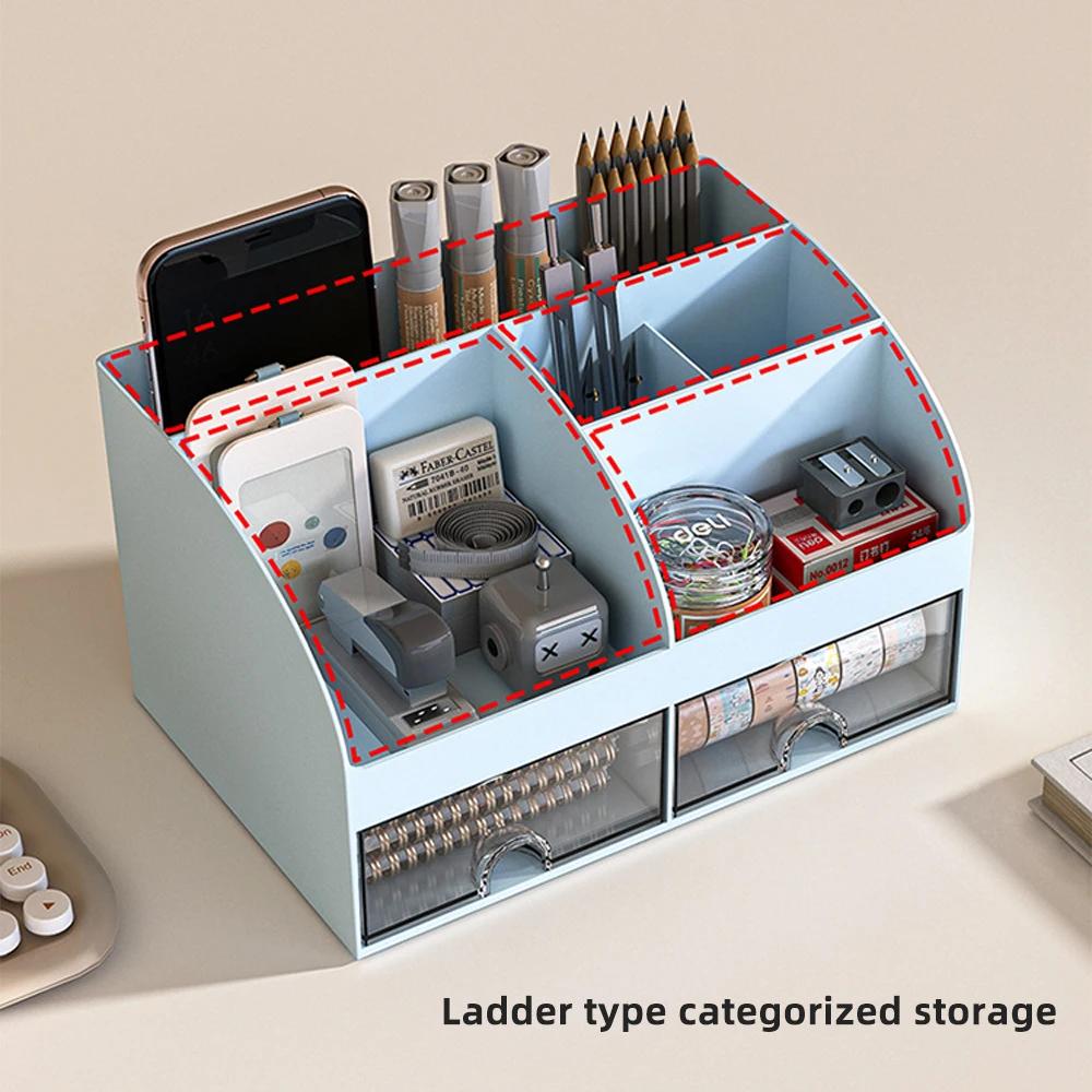 Desktop Storage Box Pen Holder Stationery Cosmetics Lipstick Organizer 6 Grids With Drawer Desk Storage Organizer Home Office