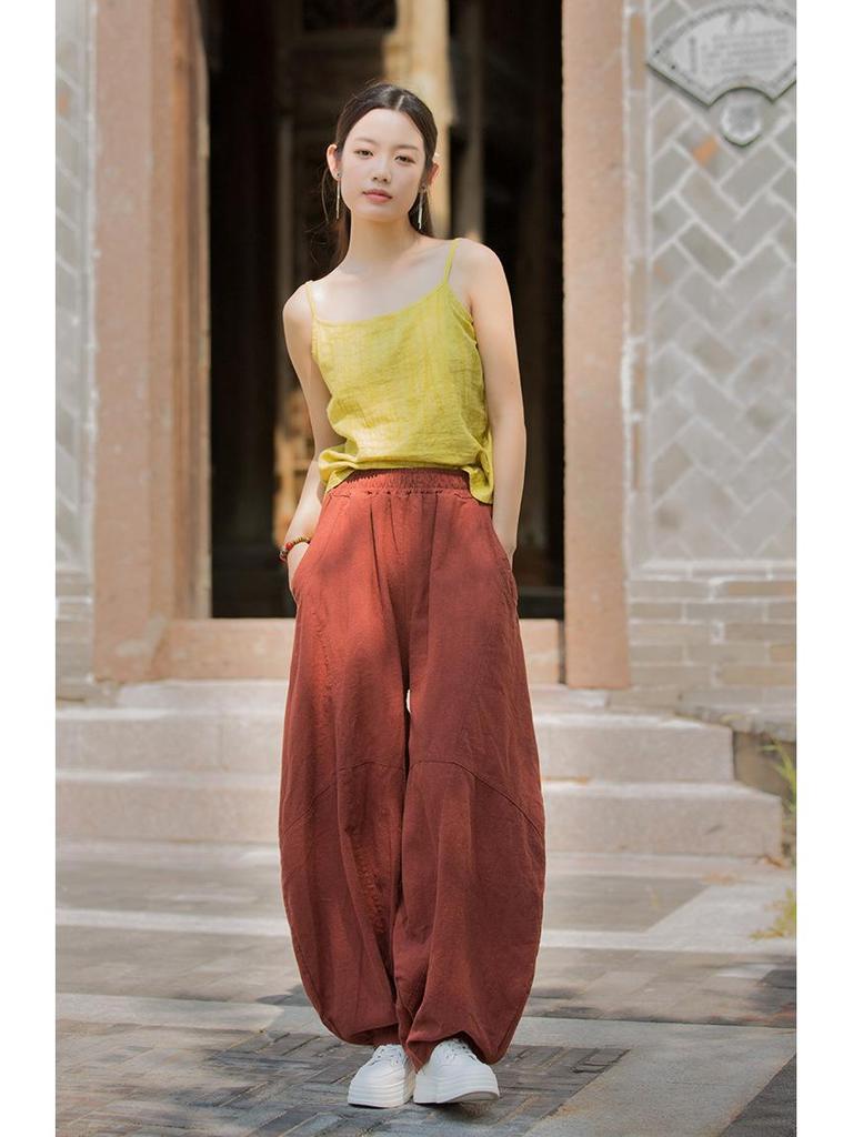 Damen Frühling Baumwolle-Leinen Locker Geschnitten Ramie Laternenhose