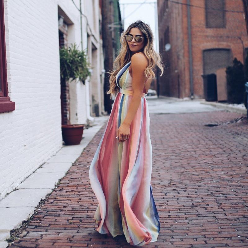 Women's Printed Chiffon Halters Dress Sleeveless Waist Boho Maxi Dress
