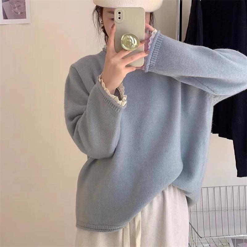 Women's Sweater Autumn/Winter New Lace Edge Long Sleeve Loose Base Knitted Sweater