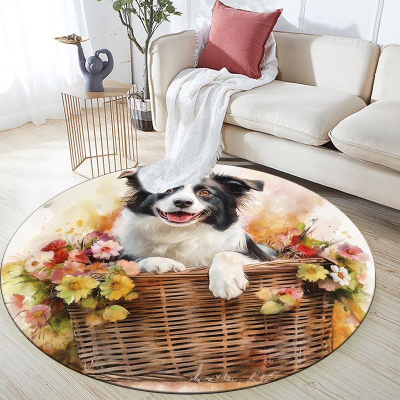 

Flower Basket Dog,Round Area Rug,Carpet Rug for Living Room Bedroom Sofa Playroom Decor,Non-slip Floor Mat 80cmx80cm