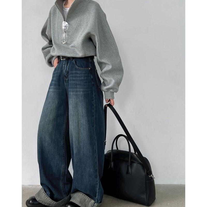 Johnature American Vintage Washed High-waisted Wide-leg Pants Women Rolled Edge Distressed Casual Long Jeans