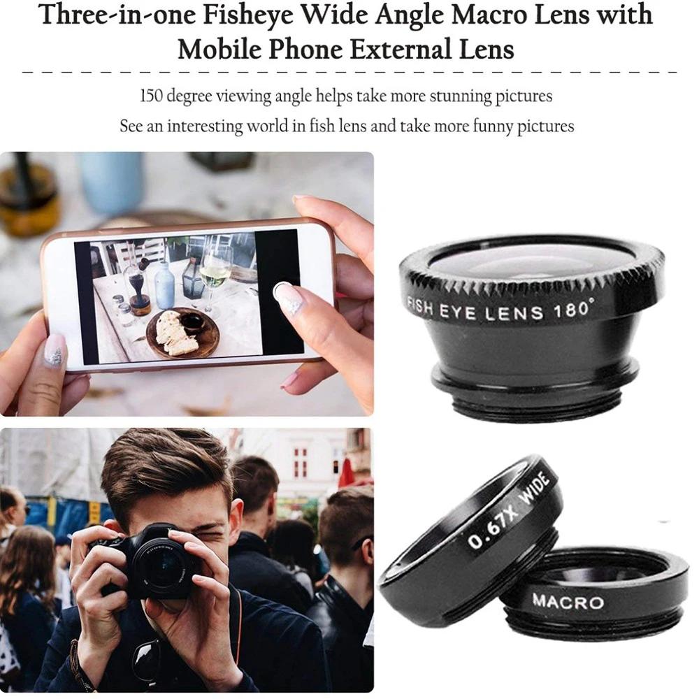 3in1 Fisheye Wide Angle Micro Camera Lens 0.67X Wide Angle Macro Lenses Camera With Clip for iPhone Xiaomi Redmi Huawei 3IN1 Len